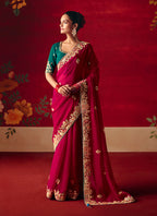 Monjolika Fashion Rani Pink Fancy Fabric Embroidered Thread Work Classic Saree | Grocsy