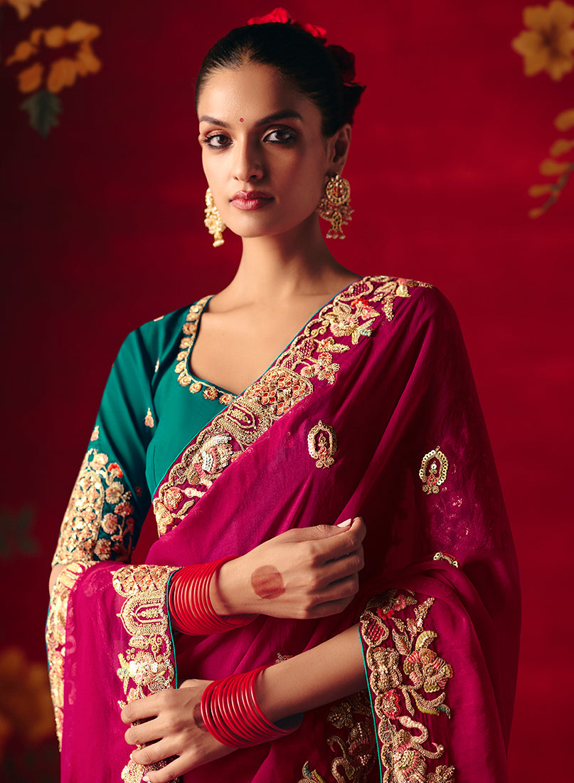 Monjolika Fashion Rani Pink Fancy Fabric Embroidered Thread Work Classic Saree | Grocsy