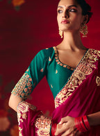 Monjolika Fashion Rani Pink Fancy Fabric Embroidered Thread Work Classic Saree | Grocsy
