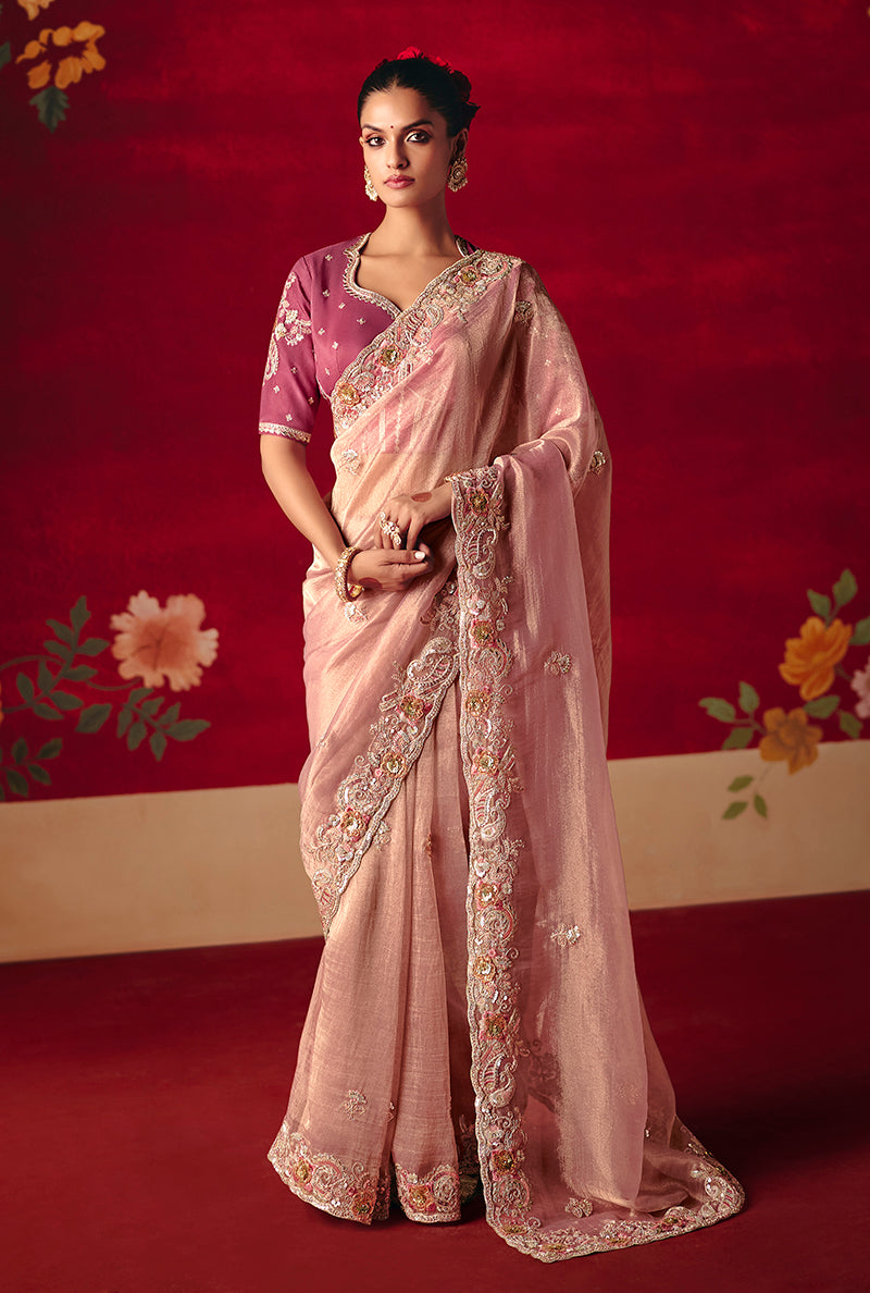 Monjolika Fashion Light Pink Fancy Fabric Embroidered Thread Work Classic Saree | Grocsy