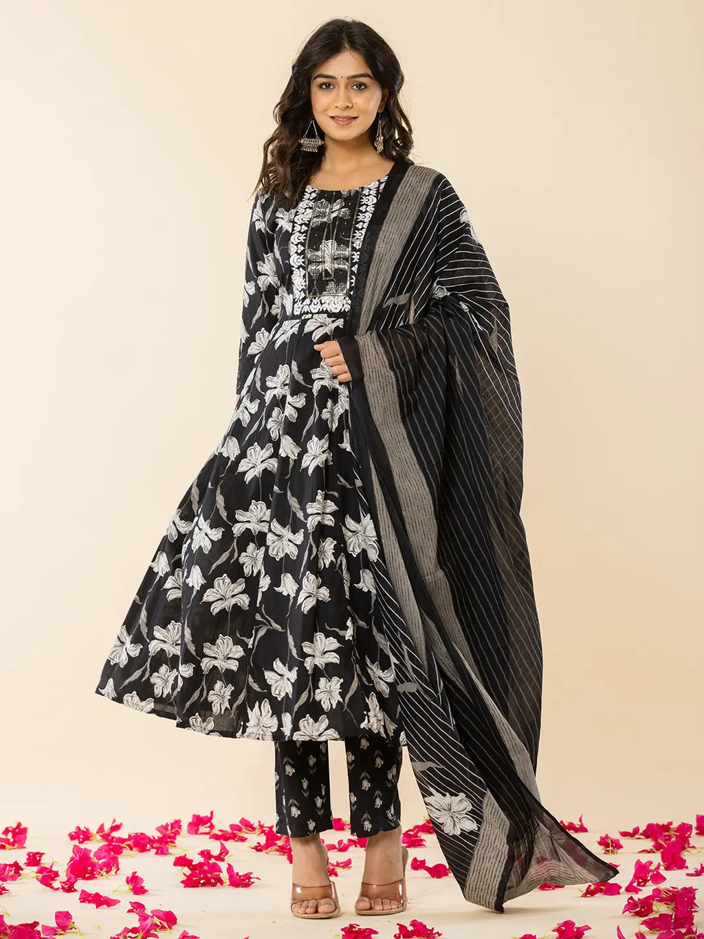 Yufta Black Cotton Sequins_Work Anarkali Kurta Dupatta Pant Set | Grocsy