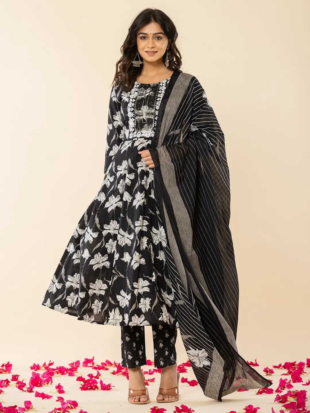 Yufta Black Cotton Sequins_Work Anarkali Kurta Dupatta Pant Set | Grocsy