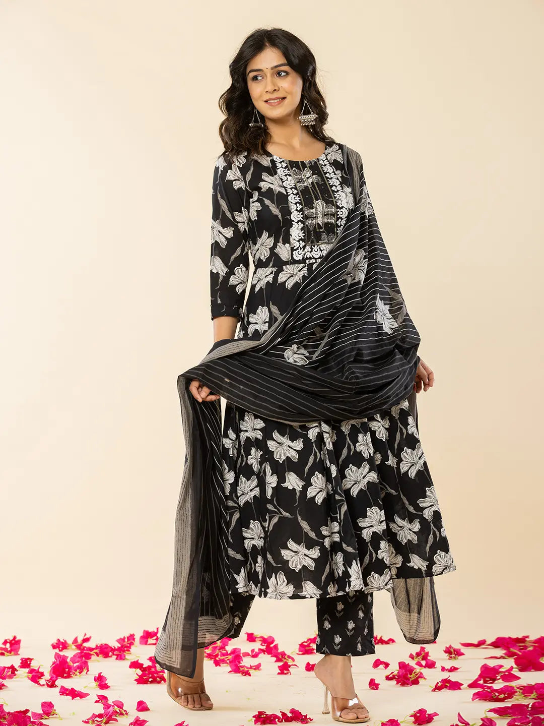 Yufta Black Cotton Sequins_Work Anarkali Kurta Dupatta Pant Set | Grocsy