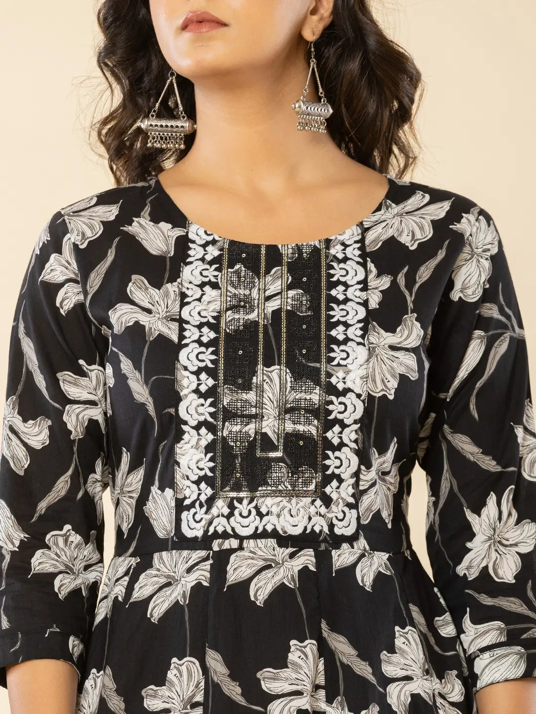 Yufta Black Cotton Sequins_Work Anarkali Kurta Dupatta Pant Set | Grocsy