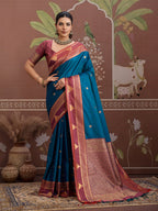 Monjolika Fashion Teal Blue Weaving Work Tussar Silk Festival Contemporary Saree | Grocsy