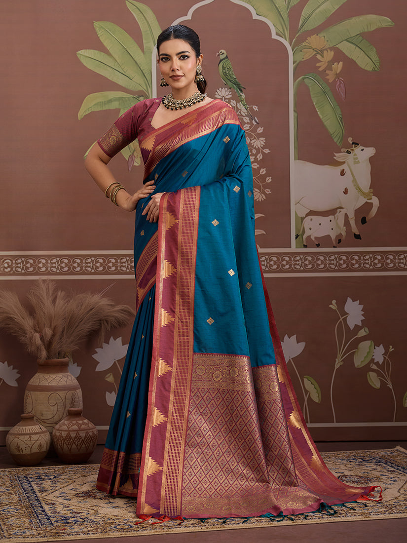 Monjolika Fashion Teal Blue Weaving Work Tussar Silk Festival Contemporary Saree | Grocsy