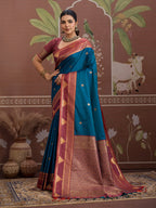 Monjolika Fashion Teal Blue Weaving Work Tussar Silk Festival Contemporary Saree | Grocsy