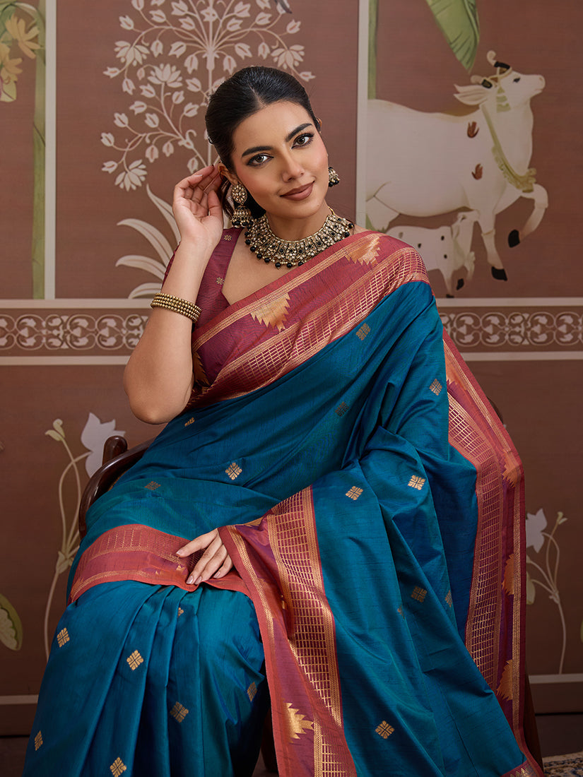 Monjolika Fashion Teal Blue Weaving Work Tussar Silk Festival Contemporary Saree | Grocsy