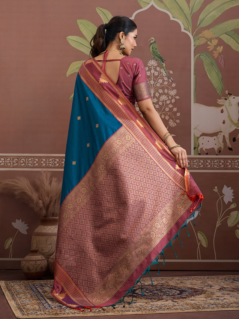 Monjolika Fashion Teal Blue Weaving Work Tussar Silk Festival Contemporary Saree | Grocsy