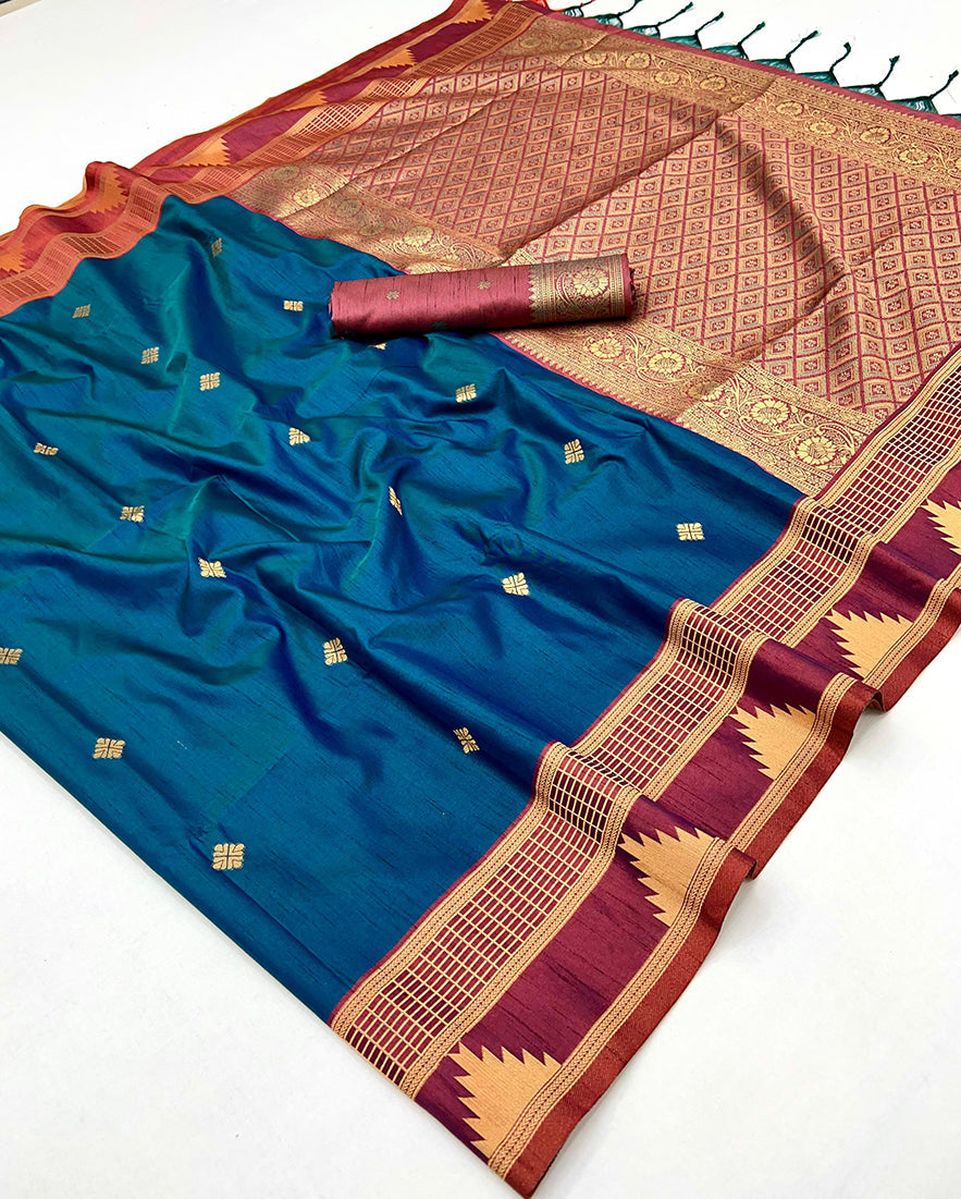 Monjolika Fashion Teal Blue Weaving Work Tussar Silk Festival Contemporary Saree | Grocsy