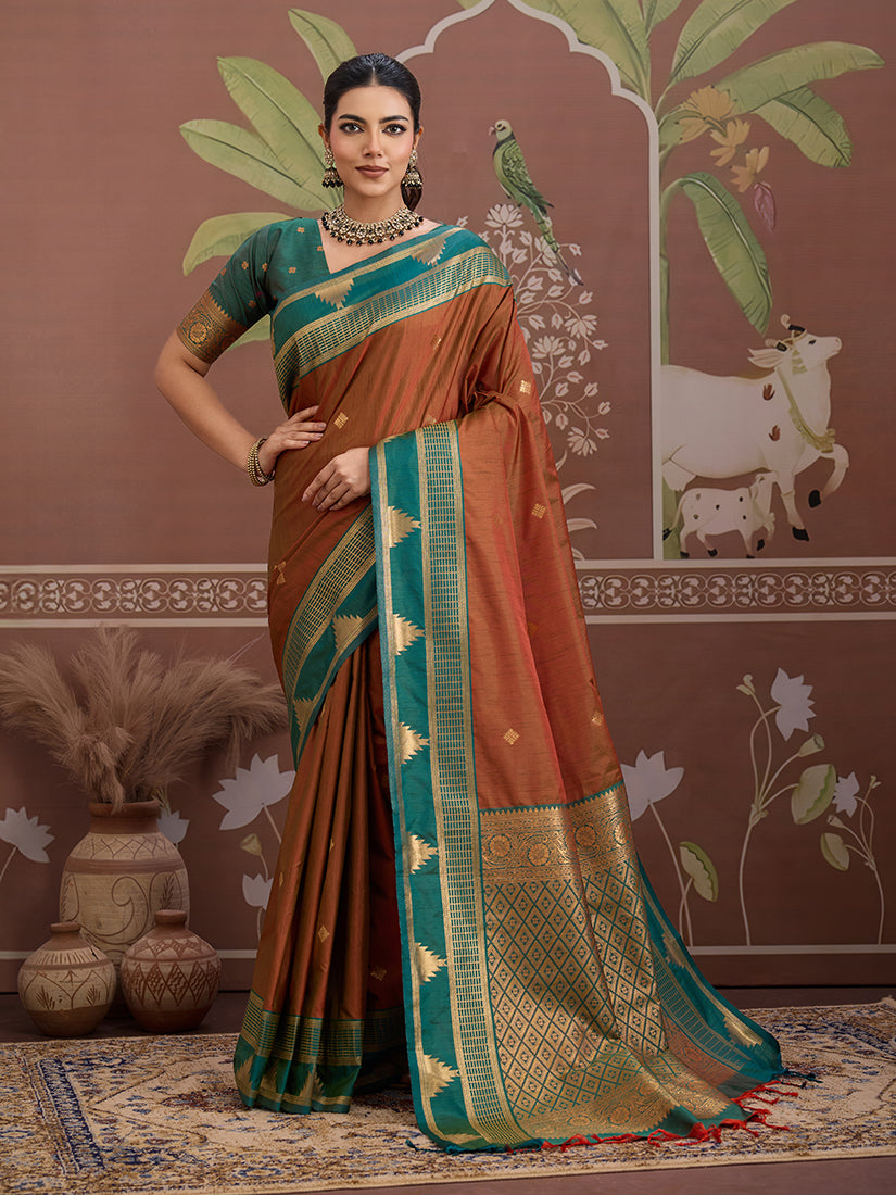Monjolika Fashion Rust Weaving Work Tussar Silk Festival Contemporary Saree | Grocsy
