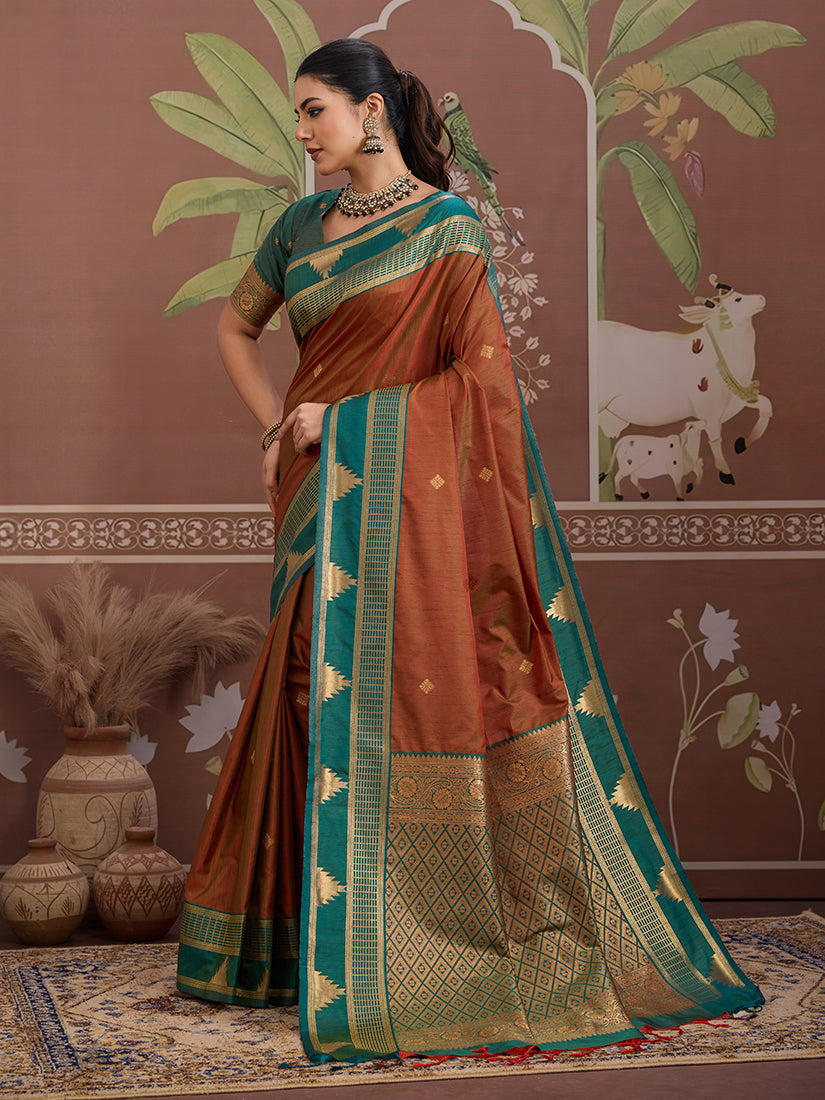Monjolika Fashion Rust Weaving Work Tussar Silk Festival Contemporary Saree | Grocsy