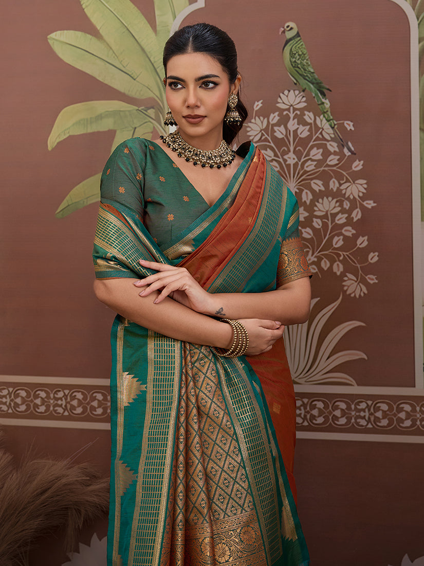 Monjolika Fashion Rust Weaving Work Tussar Silk Festival Contemporary Saree | Grocsy