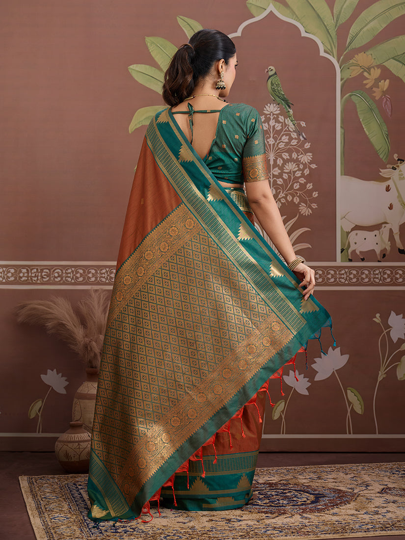 Monjolika Fashion Rust Weaving Work Tussar Silk Festival Contemporary Saree | Grocsy