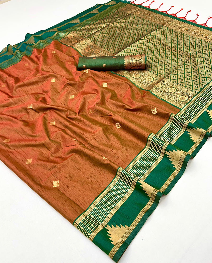 Monjolika Fashion Rust Weaving Work Tussar Silk Festival Contemporary Saree | Grocsy