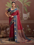 Monjolika Fashion Maroon Weaving Work Tussar Silk Festival Contemporary Saree | Grocsy