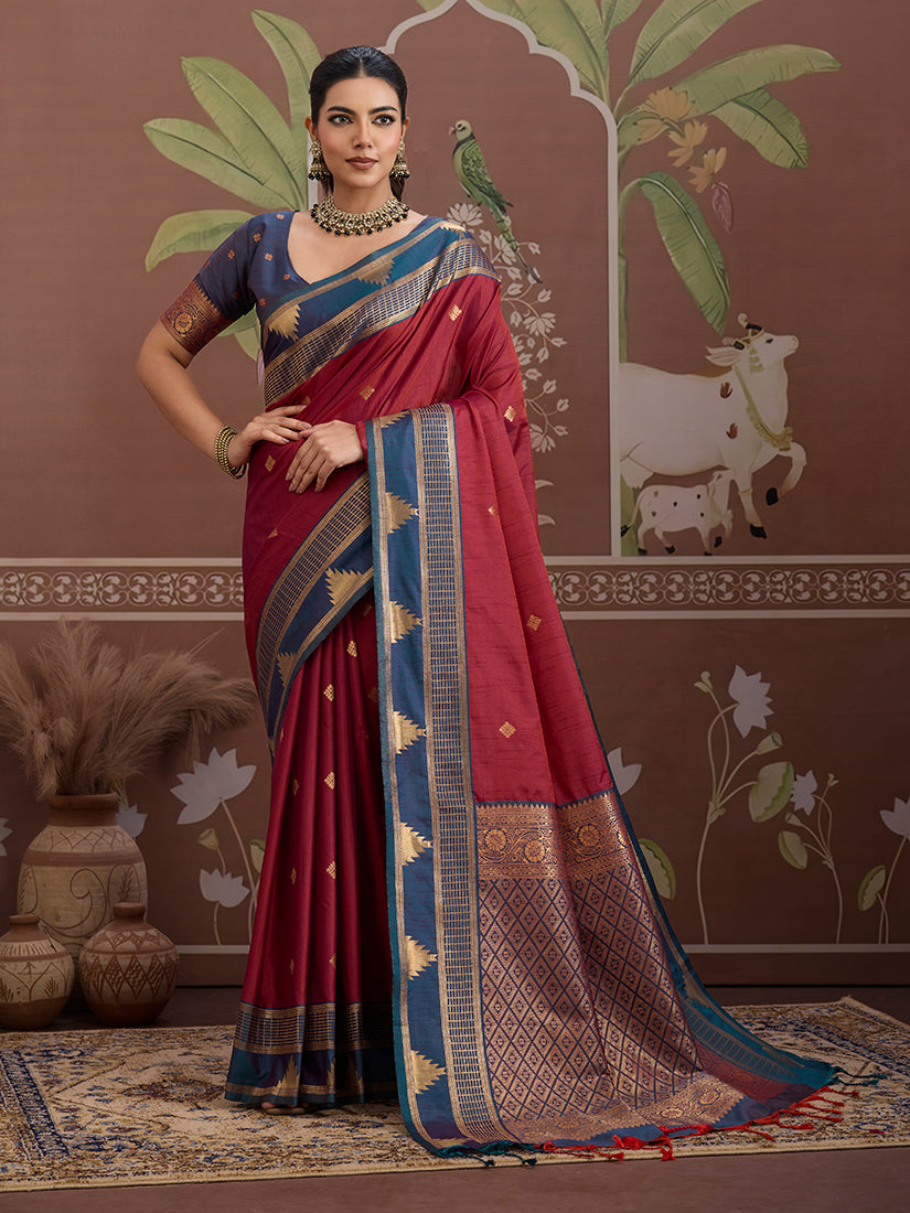 Monjolika Fashion Maroon Weaving Work Tussar Silk Festival Contemporary Saree | Grocsy