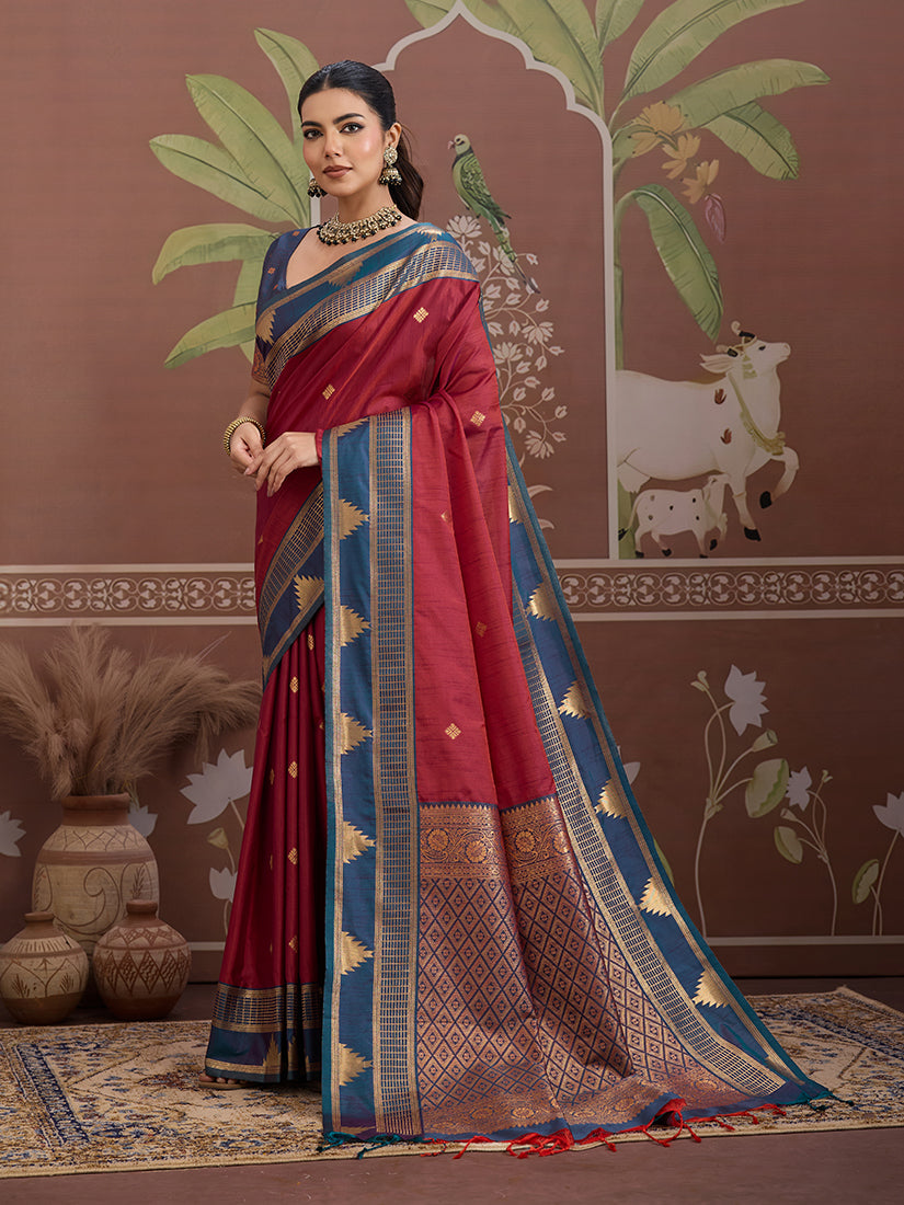 Monjolika Fashion Maroon Weaving Work Tussar Silk Festival Contemporary Saree | Grocsy