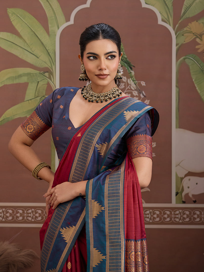 Monjolika Fashion Maroon Weaving Work Tussar Silk Festival Contemporary Saree | Grocsy