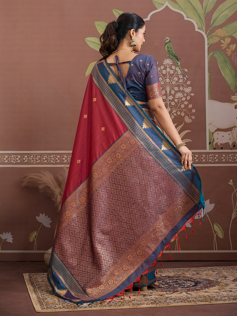 Monjolika Fashion Maroon Weaving Work Tussar Silk Festival Contemporary Saree | Grocsy