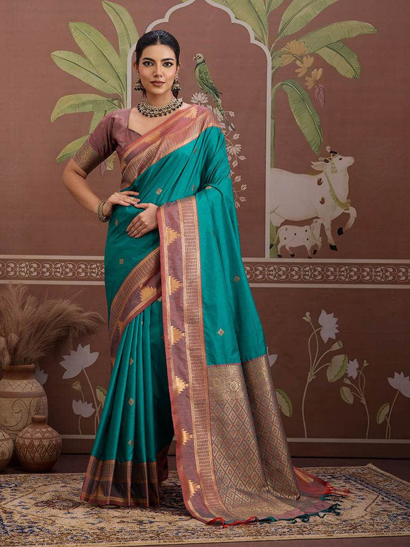 Monjolika Fashion Turquoise Weaving Work Tussar Silk Festival Contemporary Saree | Grocsy