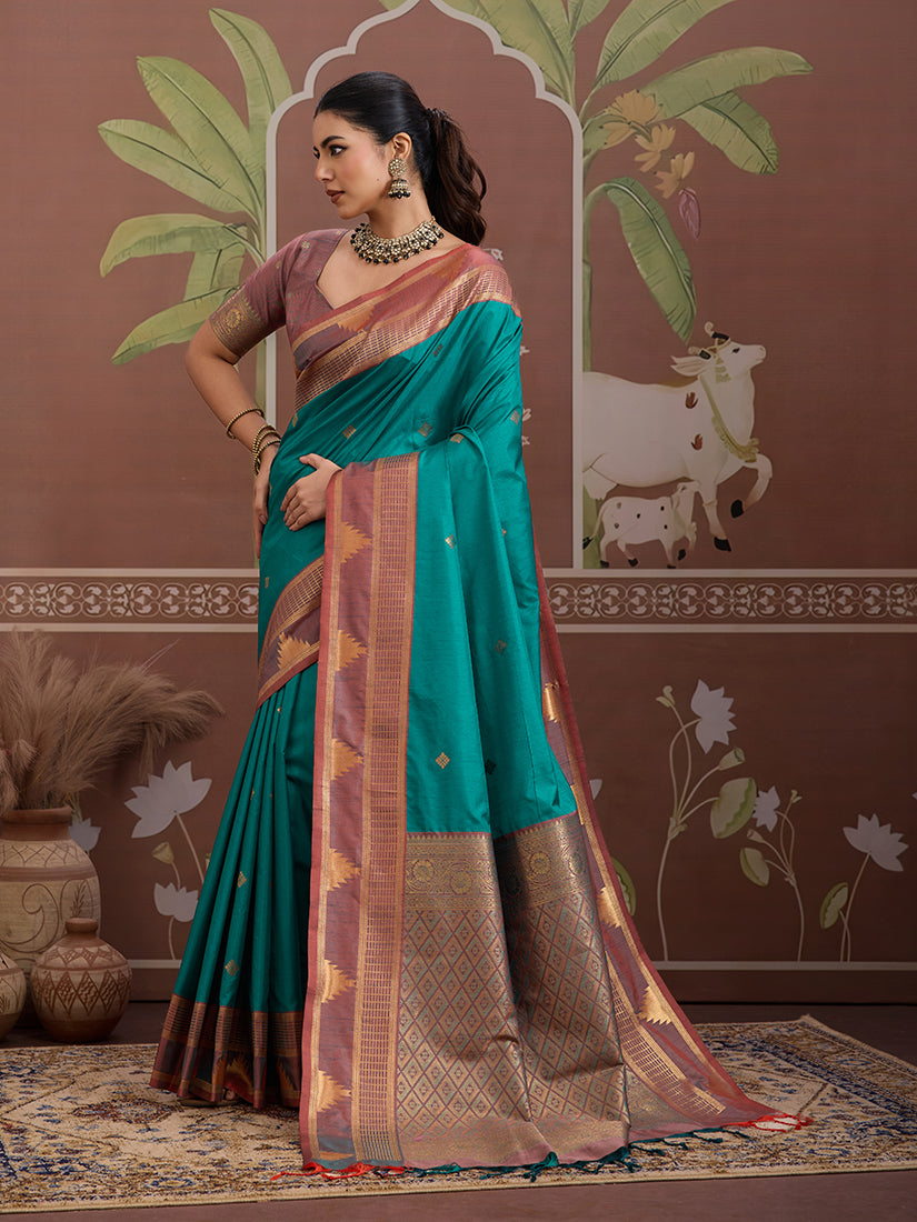 Monjolika Fashion Turquoise Weaving Work Tussar Silk Festival Contemporary Saree | Grocsy