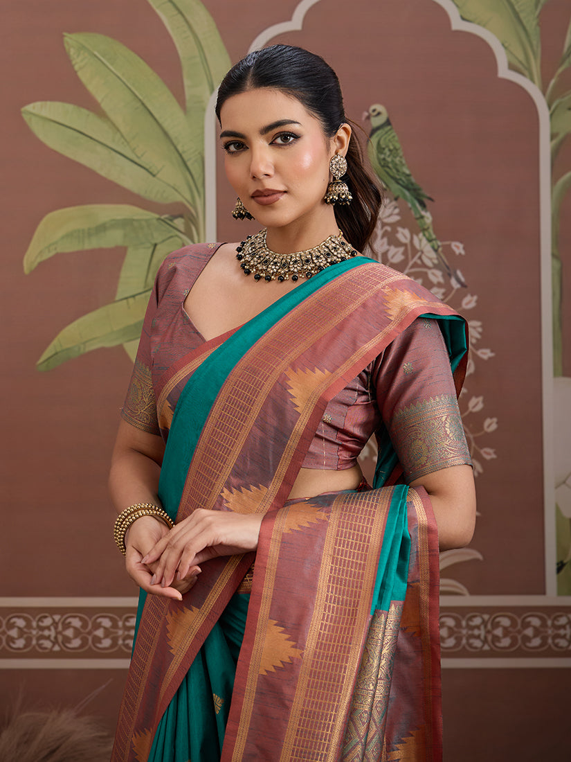 Monjolika Fashion Turquoise Weaving Work Tussar Silk Festival Contemporary Saree | Grocsy
