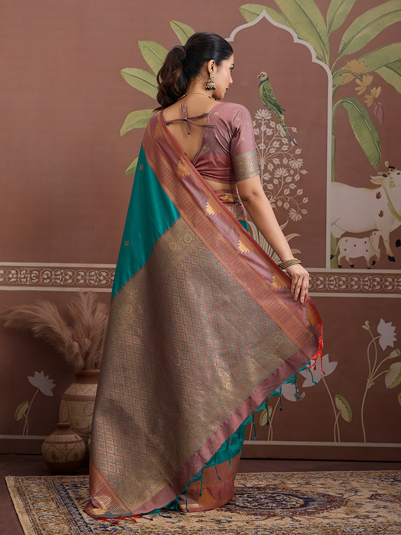 Monjolika Fashion Turquoise Weaving Work Tussar Silk Festival Contemporary Saree | Grocsy