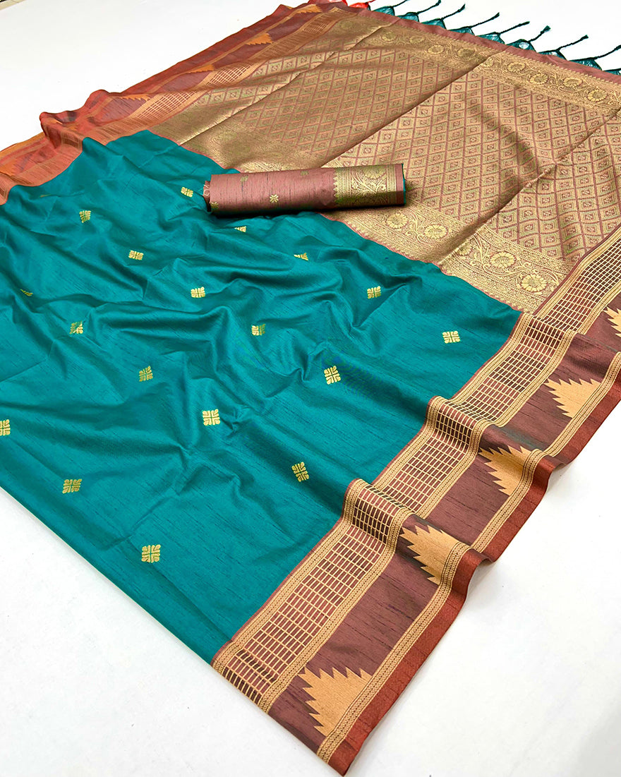 Monjolika Fashion Turquoise Weaving Work Tussar Silk Festival Contemporary Saree | Grocsy