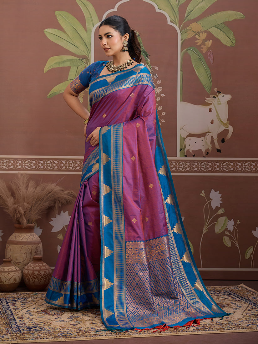 Monjolika Fashion Purple Weaving Work Tussar Silk Festival Contemporary Saree | Grocsy
