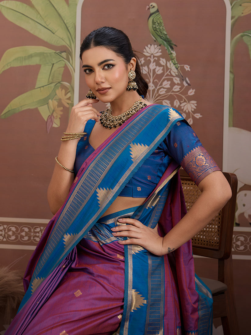 Monjolika Fashion Purple Weaving Work Tussar Silk Festival Contemporary Saree | Grocsy
