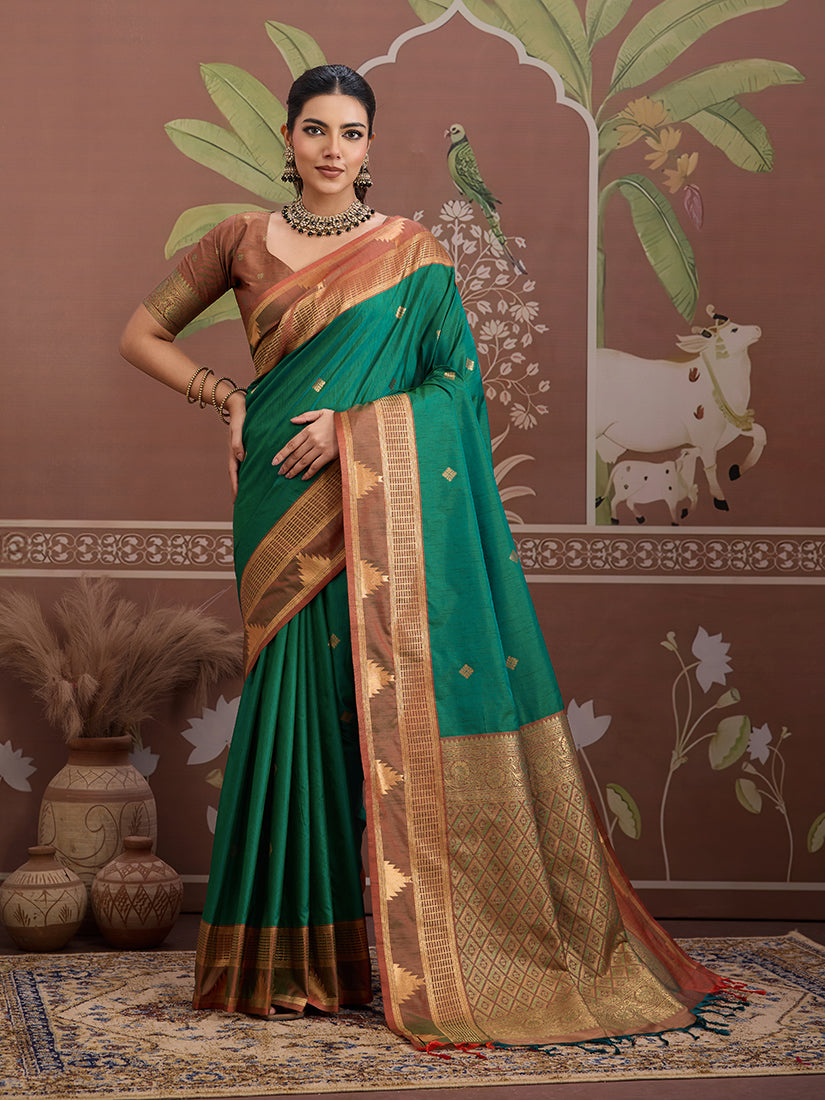 Monjolika Fashion Green Weaving Work Tussar Silk Festival Contemporary Saree | Grocsy