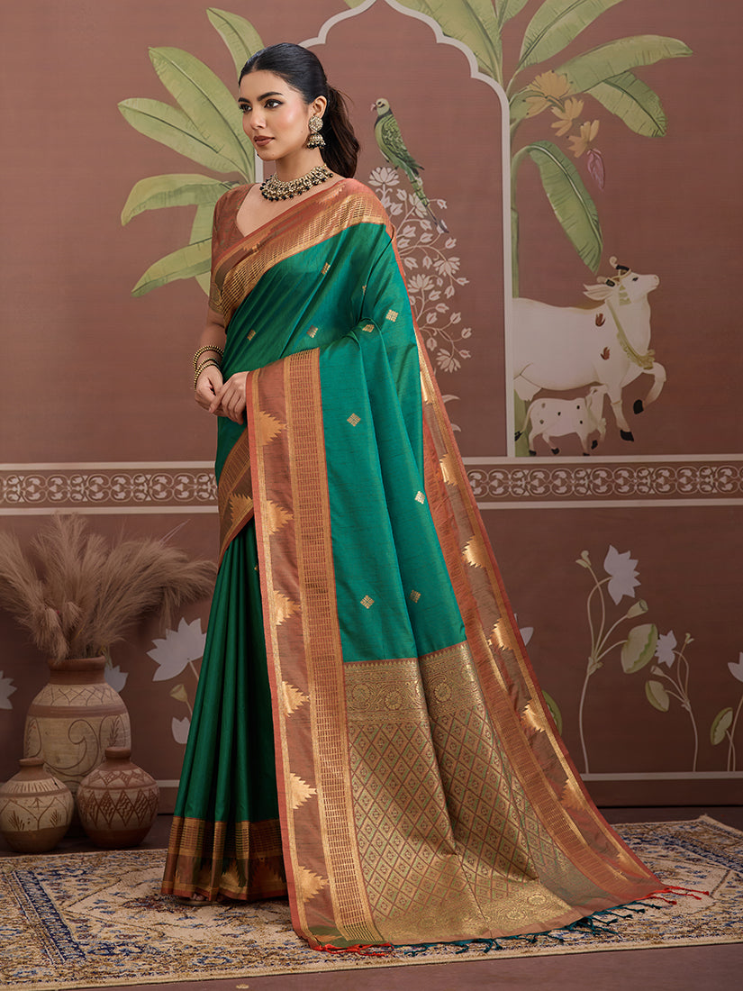 Monjolika Fashion Green Weaving Work Tussar Silk Festival Contemporary Saree | Grocsy
