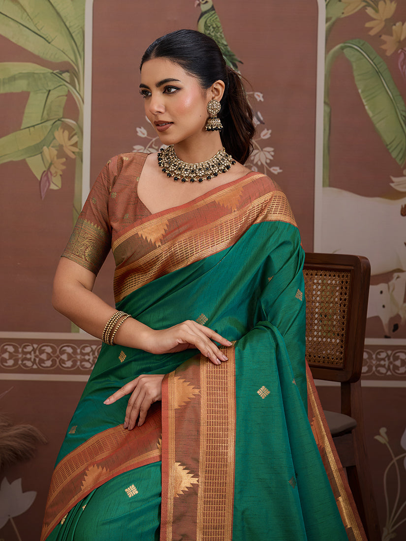 Monjolika Fashion Green Weaving Work Tussar Silk Festival Contemporary Saree | Grocsy