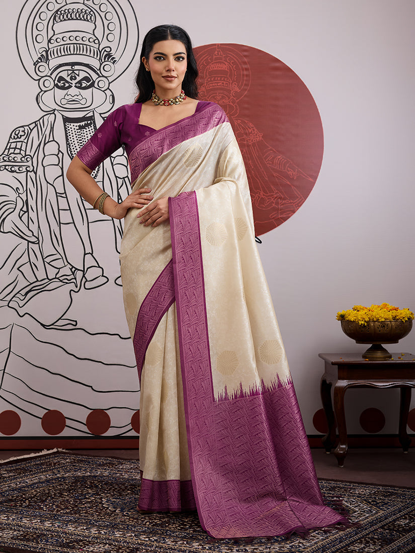 Monjolika Fashion Cream And Wine Handloom Silk Blend Festival Trendy Saree | Grocsy