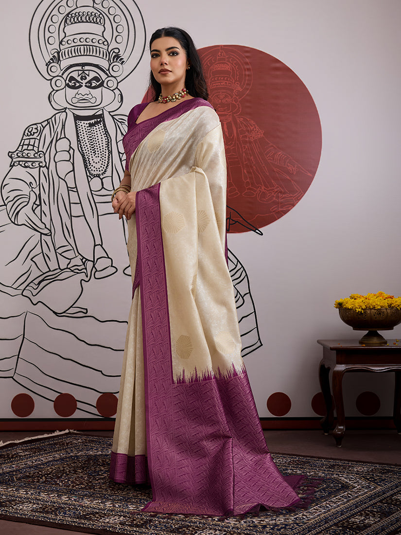 Monjolika Fashion Cream And Wine Handloom Silk Blend Festival Trendy Saree | Grocsy
