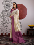 Monjolika Fashion Cream And Wine Handloom Silk Blend Festival Trendy Saree | Grocsy