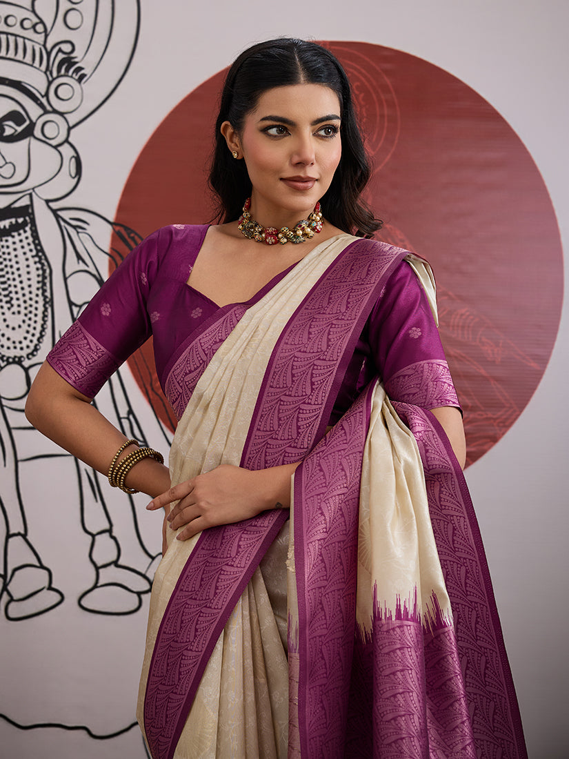 Monjolika Fashion Cream And Wine Handloom Silk Blend Festival Trendy Saree | Grocsy
