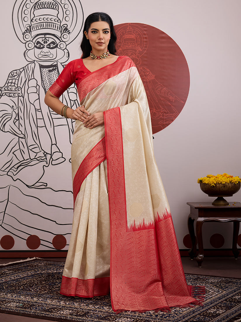 Monjolika Fashion Cream And Red Handloom Weaving Silk Blend Festival Trendy Saree | Grocsy