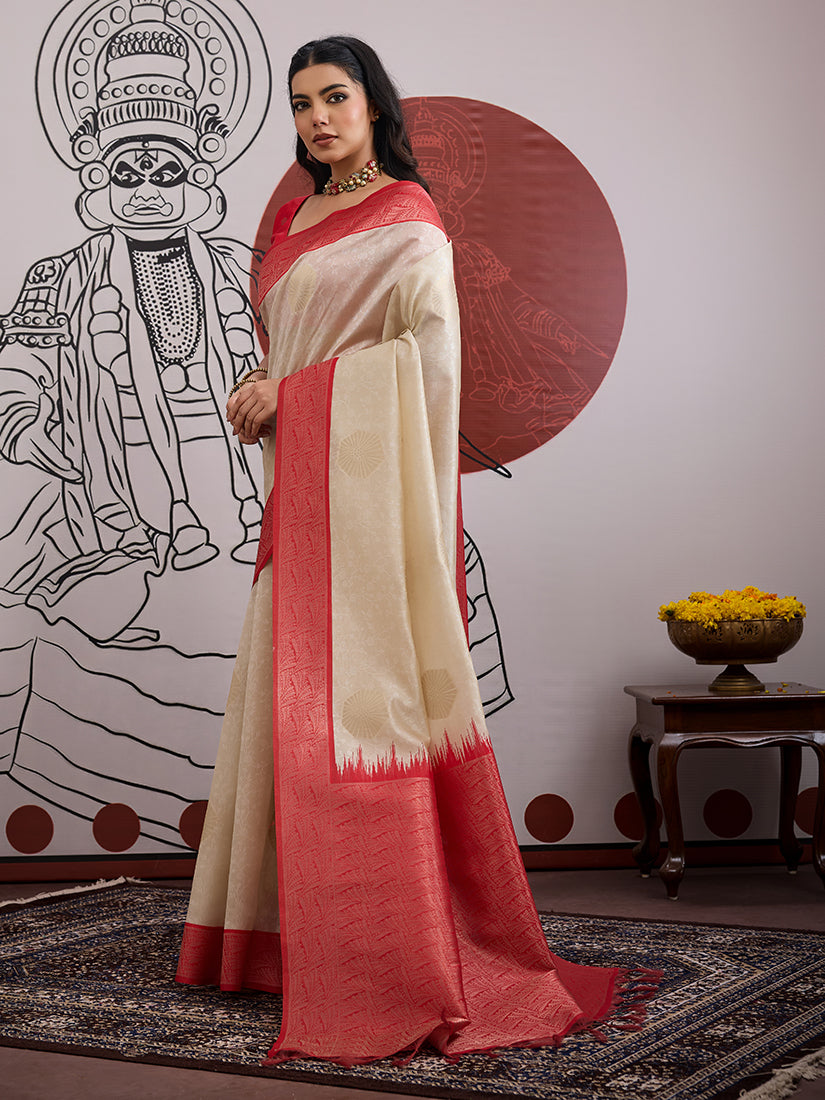 Monjolika Fashion Cream And Red Handloom Weaving Silk Blend Festival Trendy Saree | Grocsy