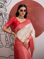 Monjolika Fashion Cream And Red Handloom Weaving Silk Blend Festival Trendy Saree | Grocsy