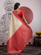 Monjolika Fashion Cream And Red Handloom Weaving Silk Blend Festival Trendy Saree | Grocsy