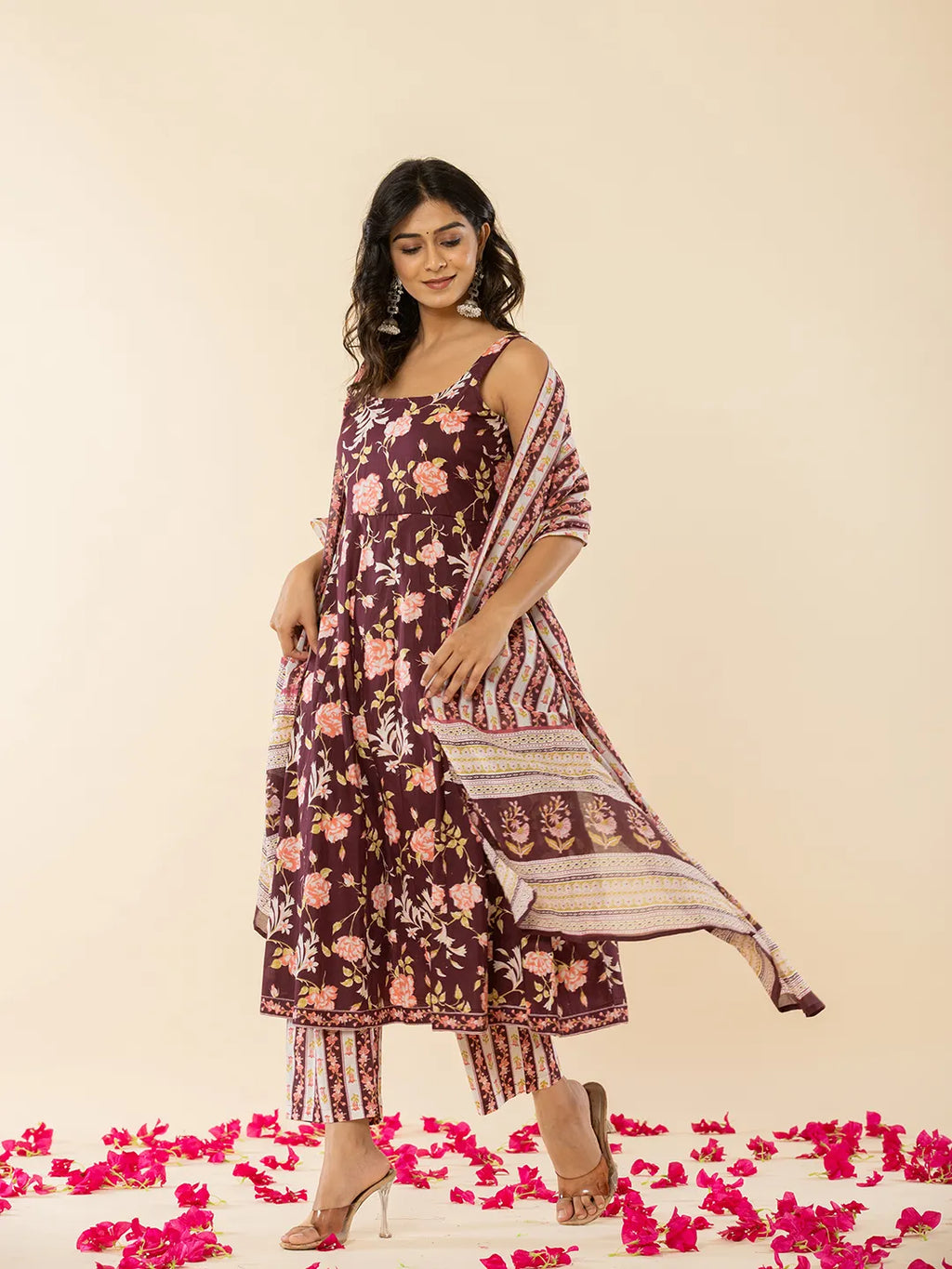 Yufta Brown Sleeveless Cotton Kurta With Dupatta Set | Grocsy
