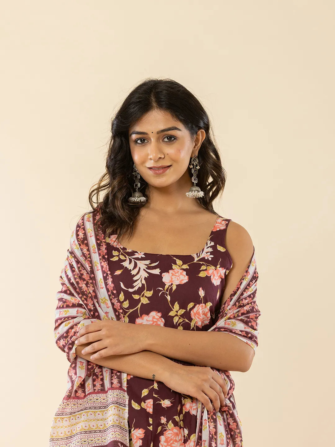 Yufta Brown Sleeveless Cotton Kurta With Dupatta Set | Grocsy