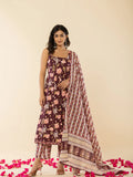 Yufta Brown Sleeveless Cotton Kurta With Dupatta Set | Grocsy