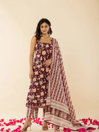 Yufta Brown Sleeveless Cotton Kurta With Dupatta Set | Grocsy