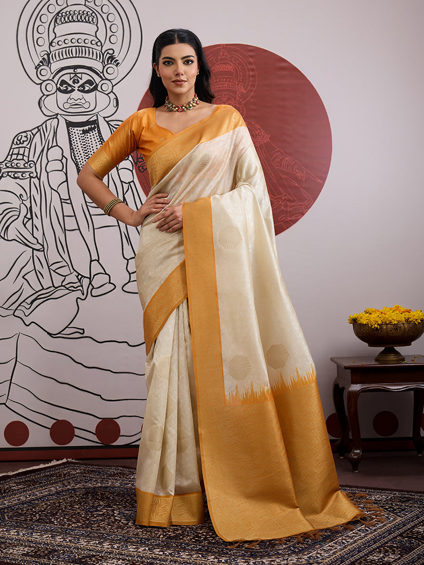 Monjolika Fashion Cream And Orange Handloom Weaving Silk Blend Festival Trendy Saree | Grocsy