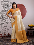 Monjolika Fashion Cream And Orange Handloom Weaving Silk Blend Festival Trendy Saree | Grocsy