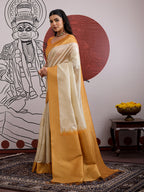 Monjolika Fashion Cream And Orange Handloom Weaving Silk Blend Festival Trendy Saree | Grocsy