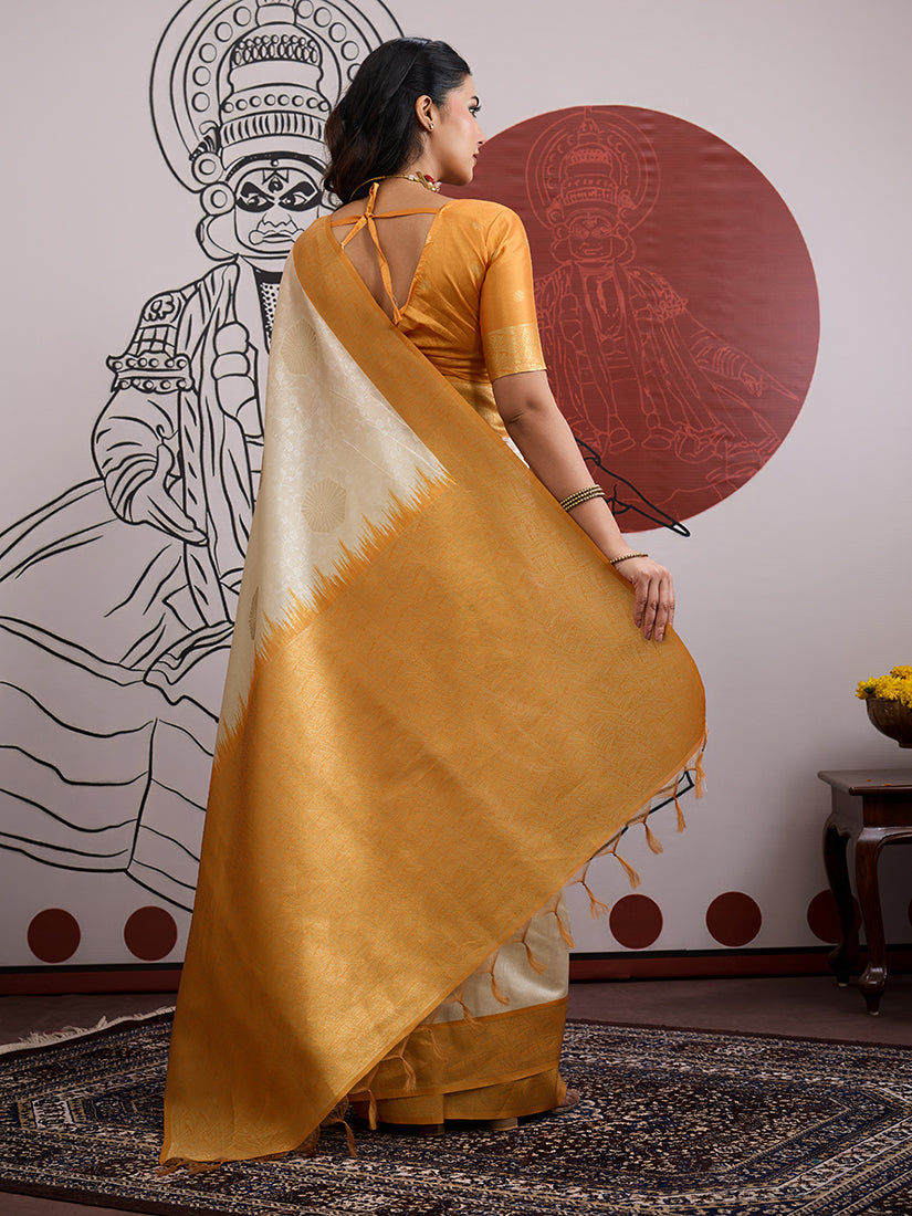 Monjolika Fashion Cream And Orange Handloom Weaving Silk Blend Festival Trendy Saree | Grocsy